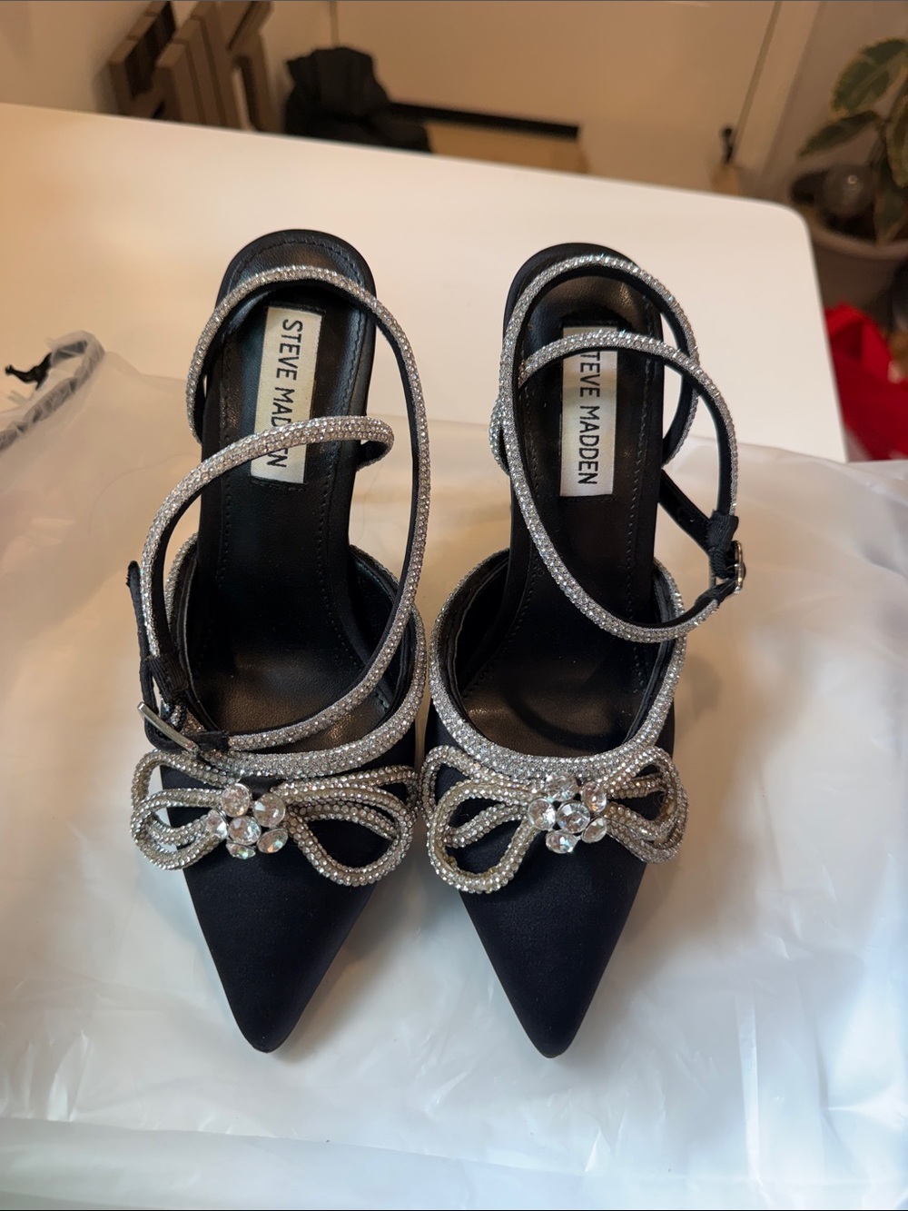 Steve Madden Viable Black Satin Crystal-Embellished Ankle-Strap Heels Women’s 6